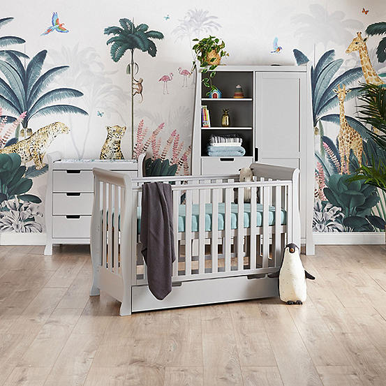 OBaby Stamford Grey Mini Sleigh Cot Bed with Drawer, Changing Unit & Combi Wardrobe Room Set<BR>